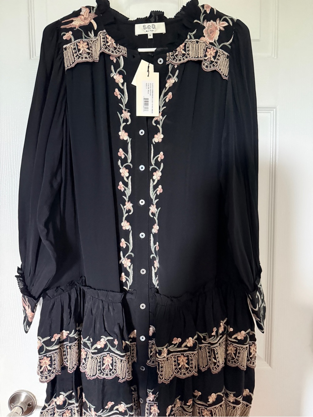 Sea Black Button-Front Blouse with Pink & Cream Floral Embroidery
